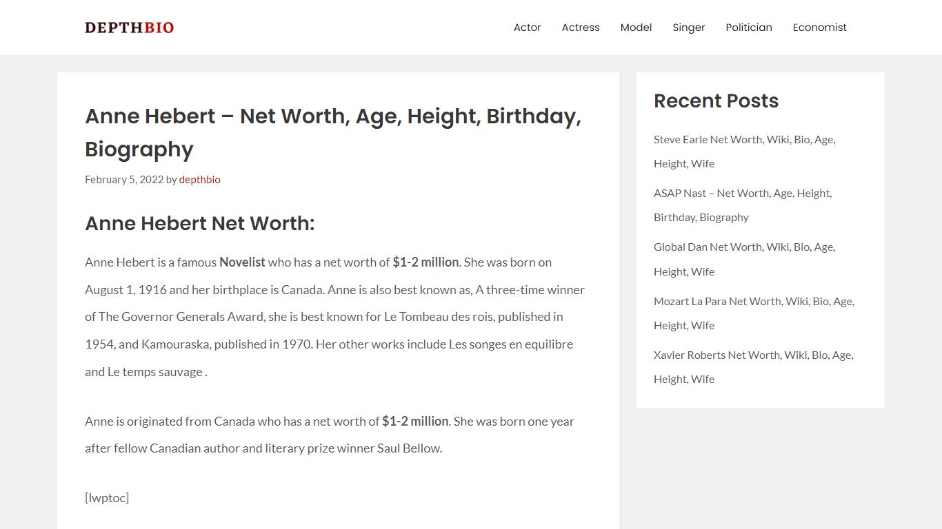 Anne Hebert - Net Worth, Age, Height, Birthday, Biography